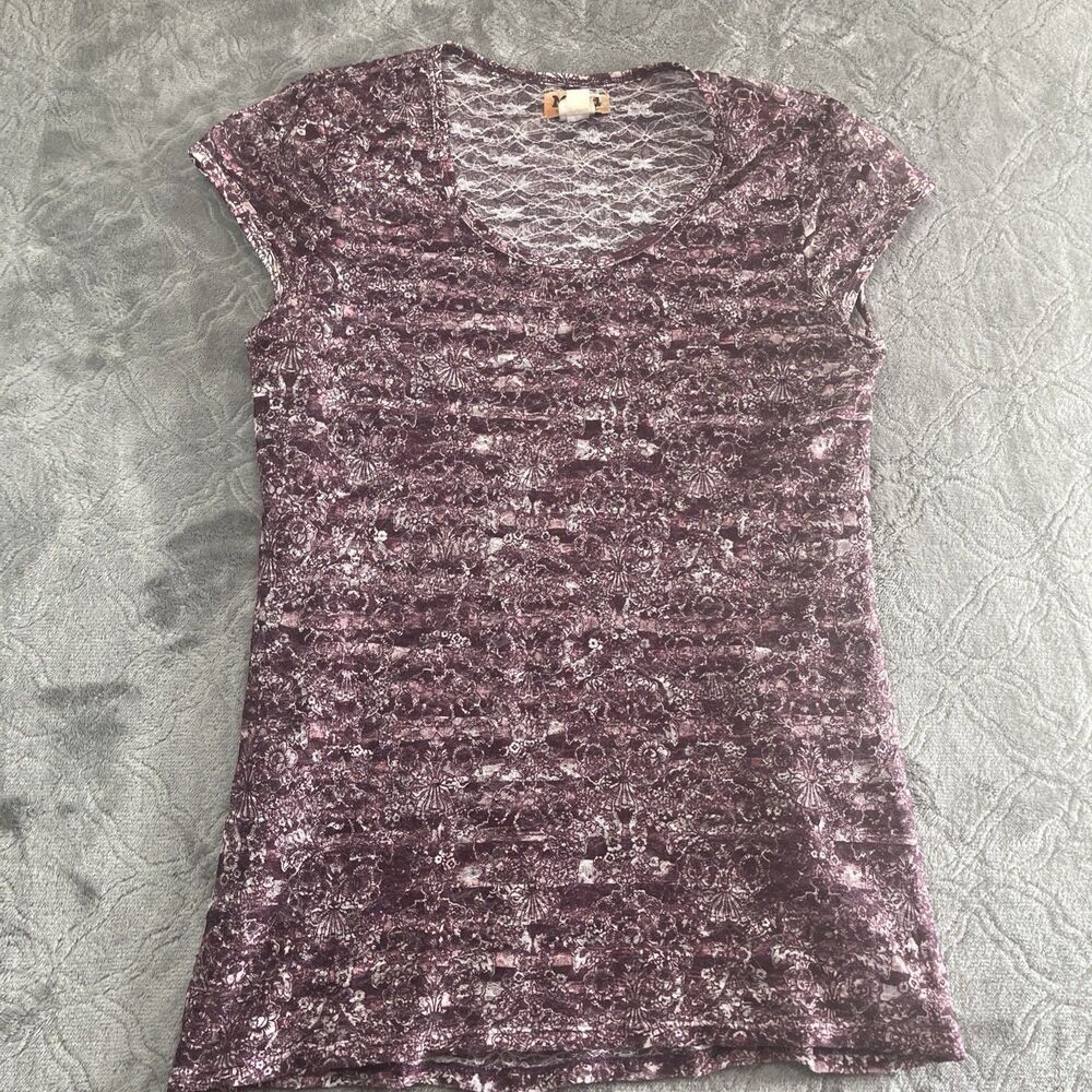 Mudd Women’s XL Sheer Lace Print Top Purple Grunge Y2K Stretch Cap Sleeve
